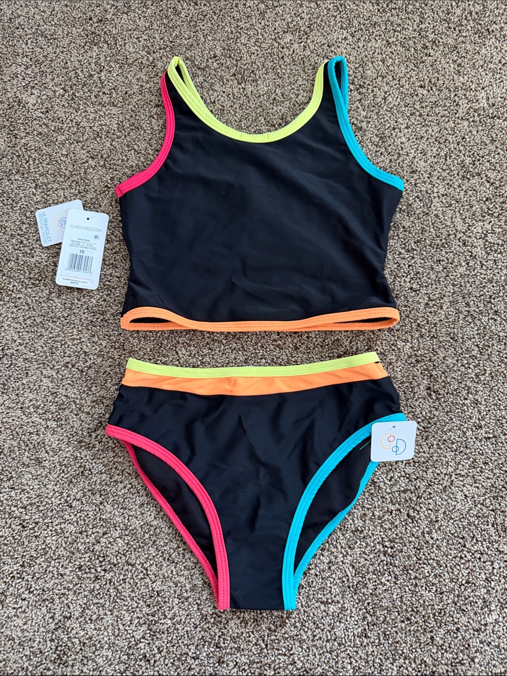 Kids Two-Piece Black Tank Swim Set with Neon Trim